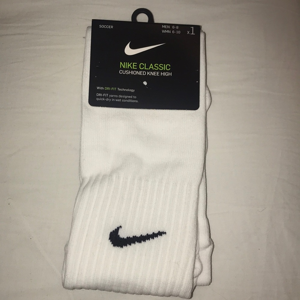 White Nike soccer socks. Men 6-8, women 6-10